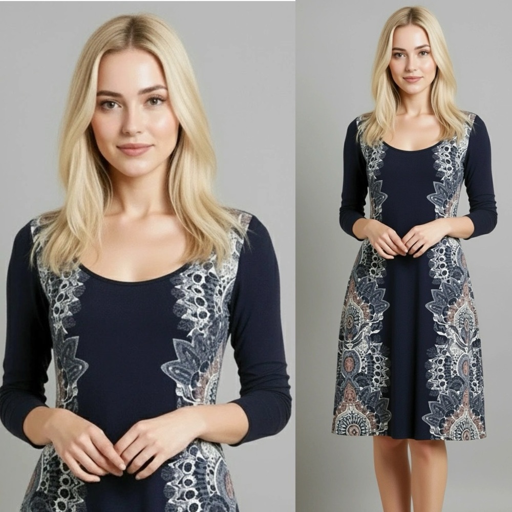 Maeve Anthro Navy Blue Knit Floral Print Midi Sweater Dress NEW Size Medium